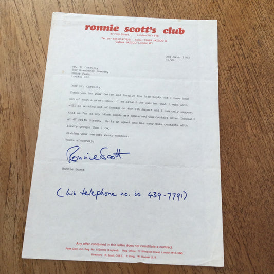 Ronnie Scott autograph. On Ronnie Scott's Club headed paper. June 1983. To Mr T Carroll.