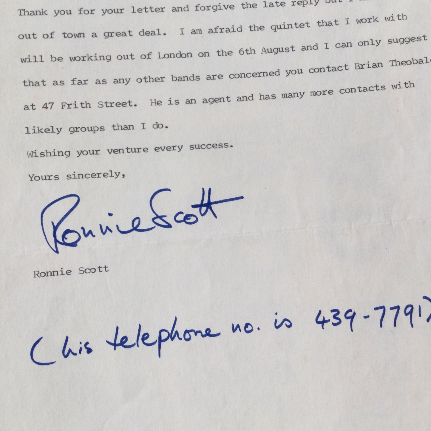 Ronnie Scott autograph. On Ronnie Scott's Club headed paper. June 1983. To Mr T Carroll.