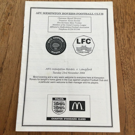 2004/05 AFC Kempston Rovers v Langford 23/11/04 Programme