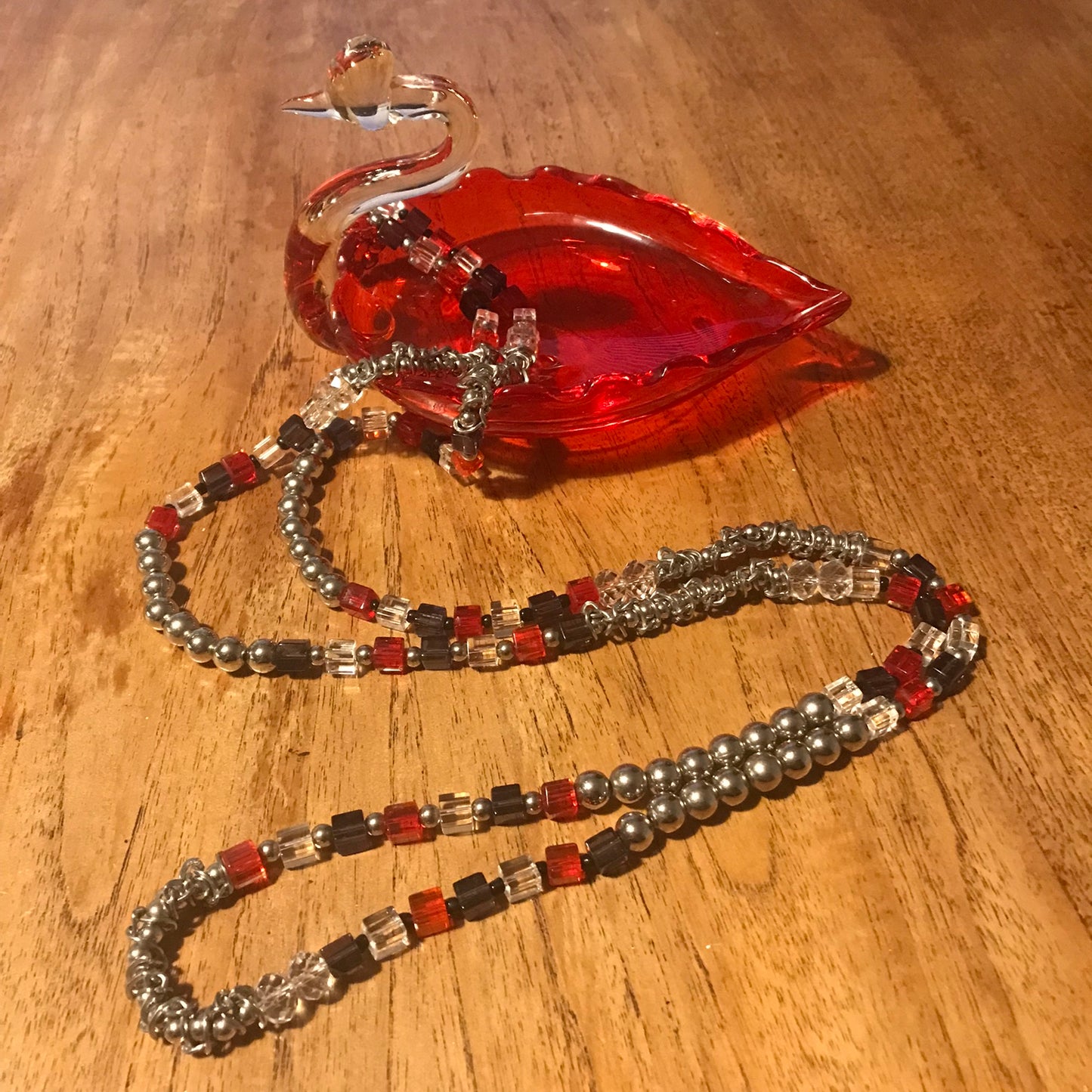 Long Beaded Flapper Style Necklace - Red, Purple & Silver | Statement Jewellery | 62" | Good Used Condition