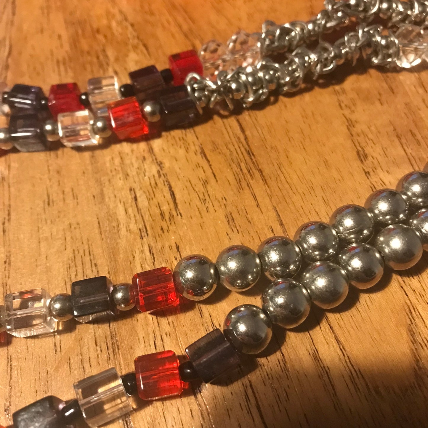 Long Beaded Flapper Style Necklace - Red, Purple & Silver | Statement Jewellery | 62" | Good Used Condition