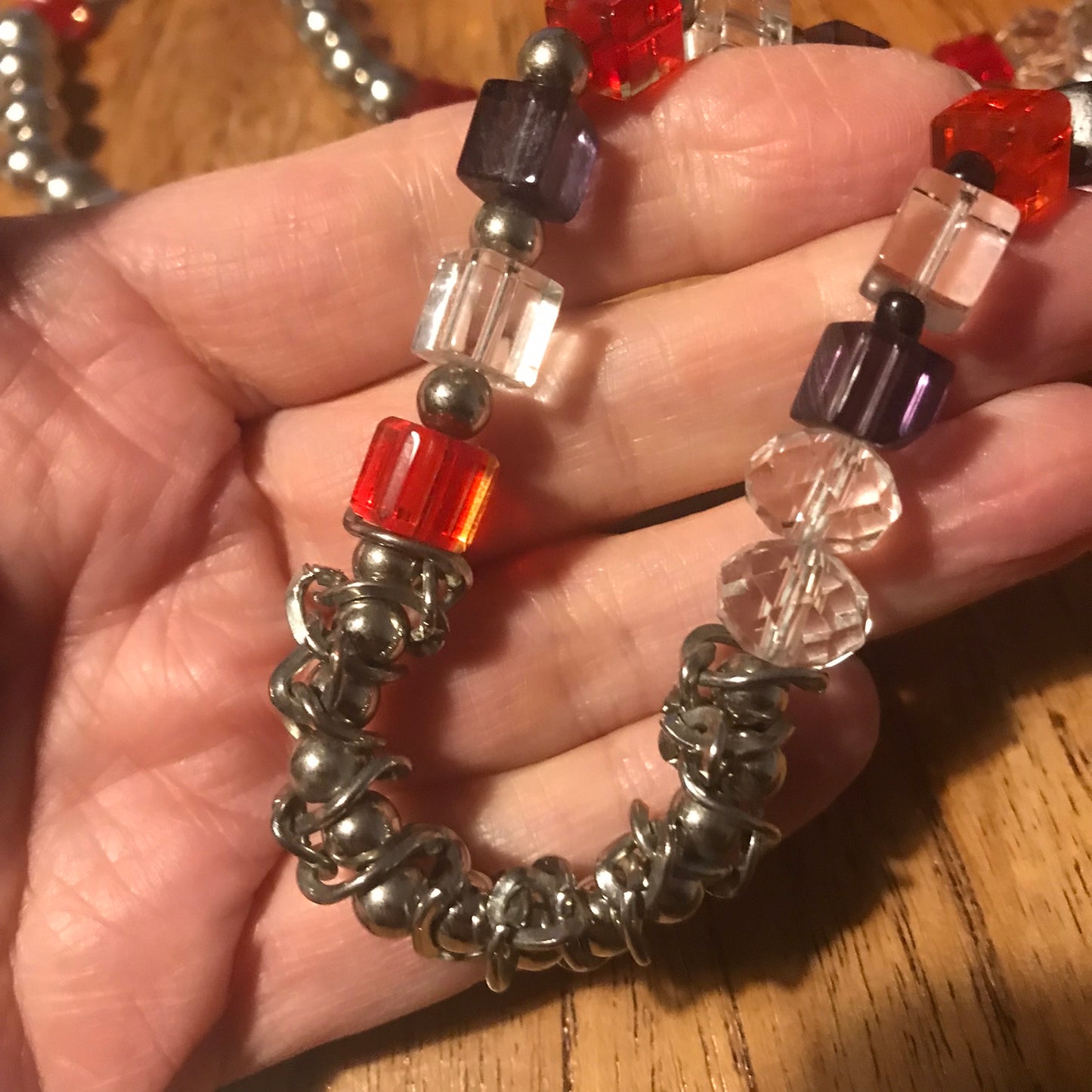 Long Beaded Flapper Style Necklace - Red, Purple & Silver | Statement Jewellery | 62" | Good Used Condition