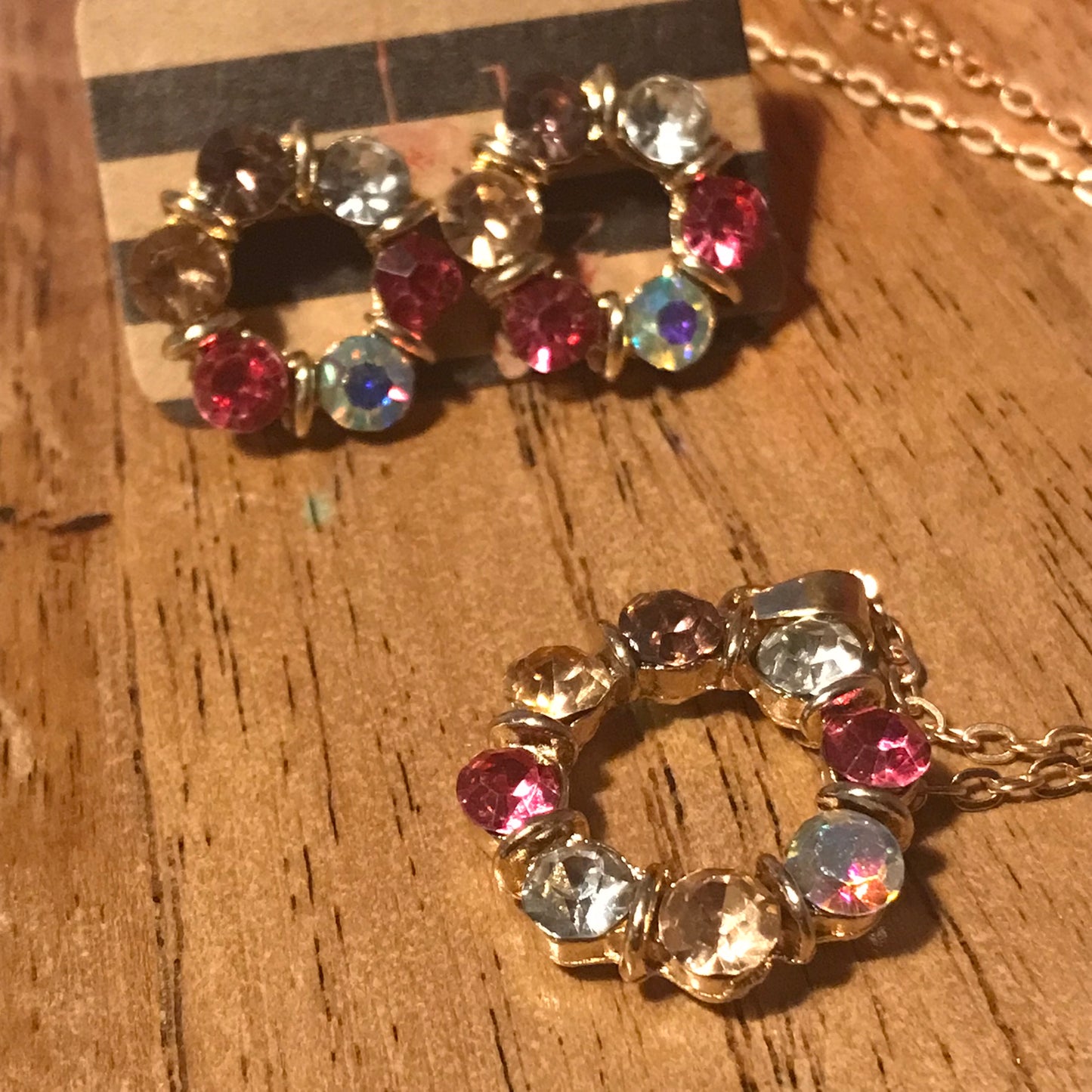 Pretty Multicoloured Diamante Pendant & Stud Earring Set - Pink, Yellow & White | Adjustable 18"-19" Gold Plated | For Pierced Ears