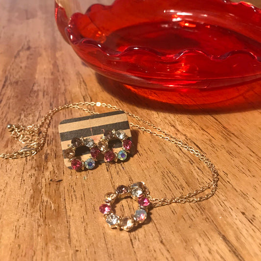 Pretty Multicoloured Diamante Pendant & Stud Earring Set - Pink, Yellow & White | Adjustable 18"-19" Gold Plated | For Pierced Ears