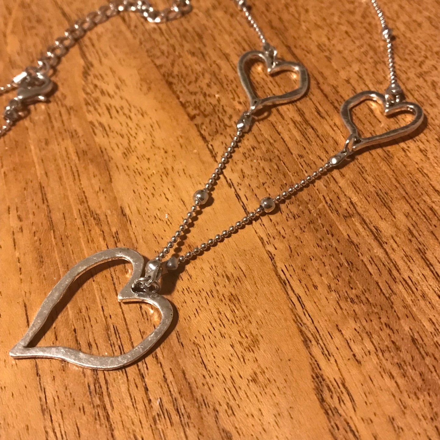 Long Silver Tone Heart Detail Necklace – Hammered Metal Finish | Adjustable 36-38" | Quality Costume Jewellery | Excellent Condition | Preloved