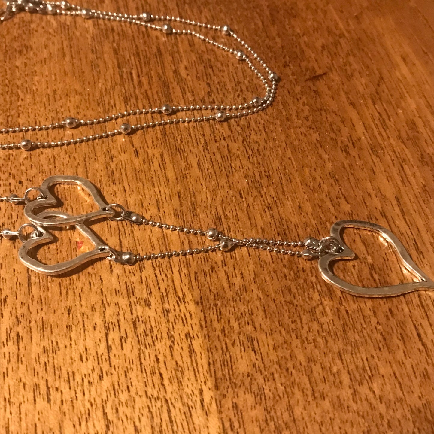 Long Silver Tone Heart Detail Necklace – Hammered Metal Finish | Adjustable 36-38" | Quality Costume Jewellery | Excellent Condition | Preloved