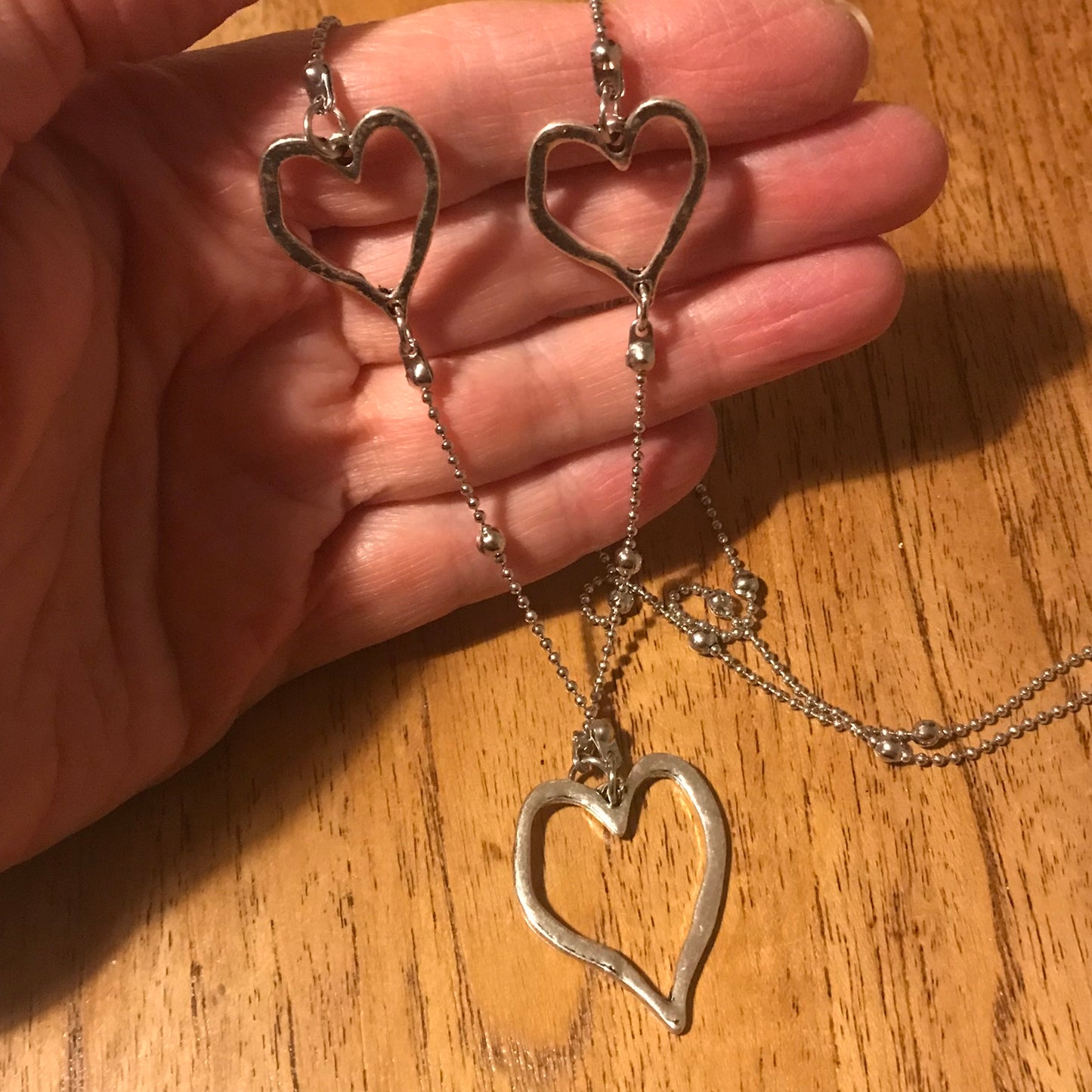 Long Silver Tone Heart Detail Necklace – Hammered Metal Finish | Adjustable 36-38" | Quality Costume Jewellery | Excellent Condition | Preloved