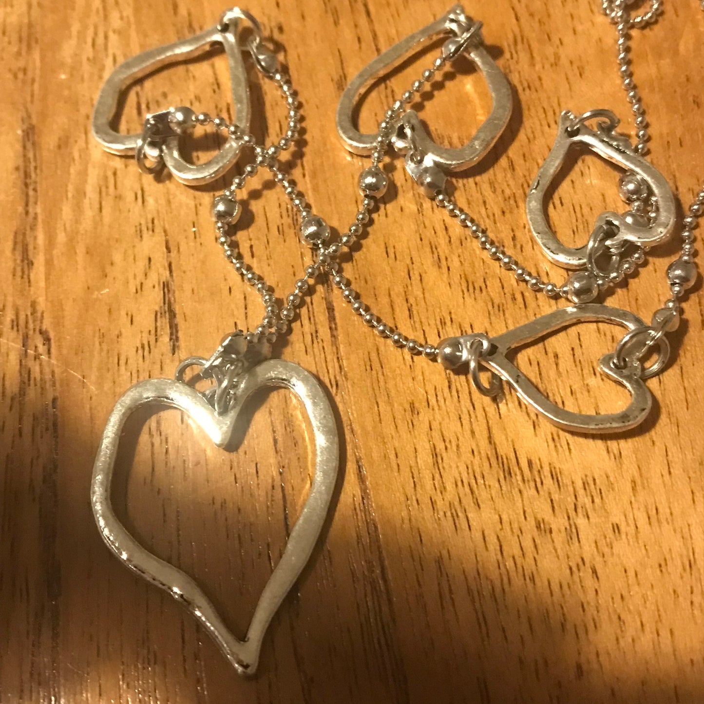 Long Silver Tone Heart Detail Necklace – Hammered Metal Finish | Adjustable 36-38" | Quality Costume Jewellery | Excellent Condition | Preloved