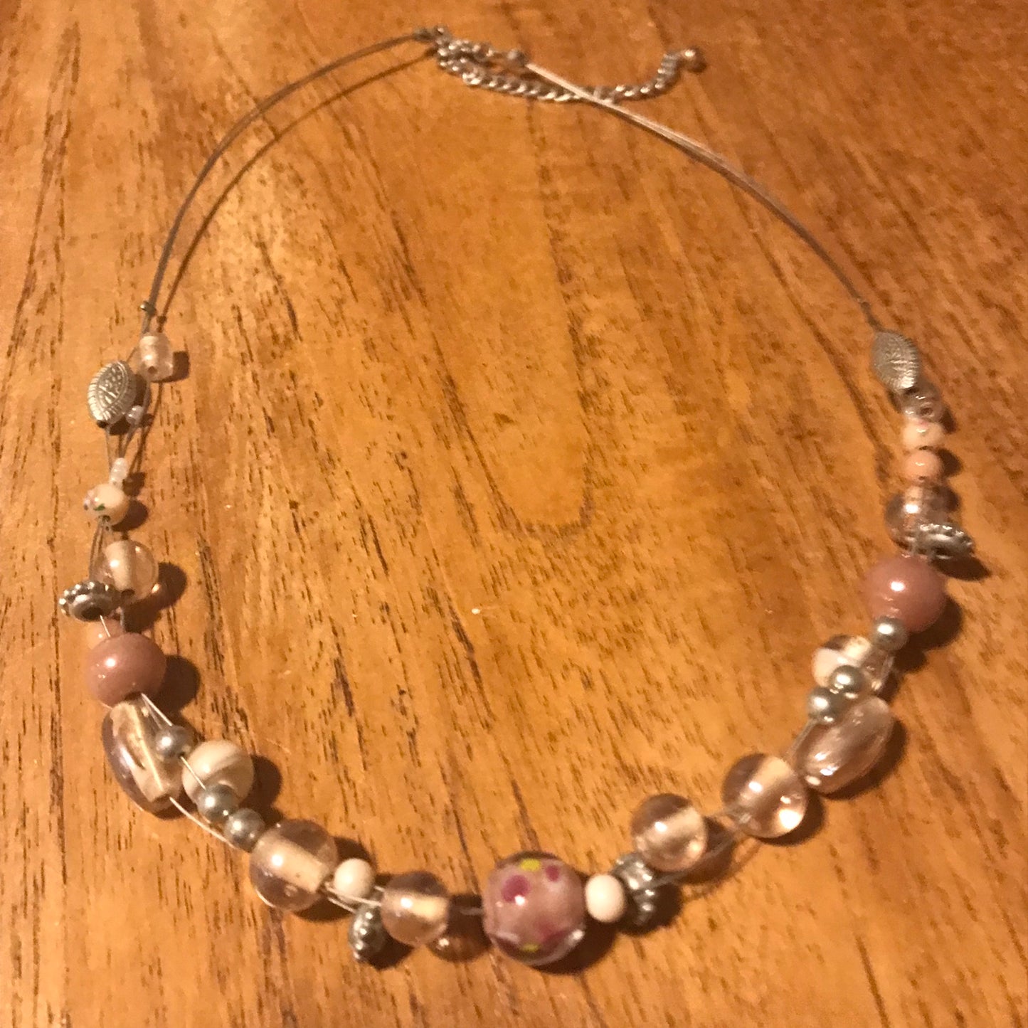 Wire-Strung Necklace with Clear & Pale Brown Glass Beads and Silver Tone Metal Beads | Adjustable 20-23" | Boho Style | Preloved | Good Condition