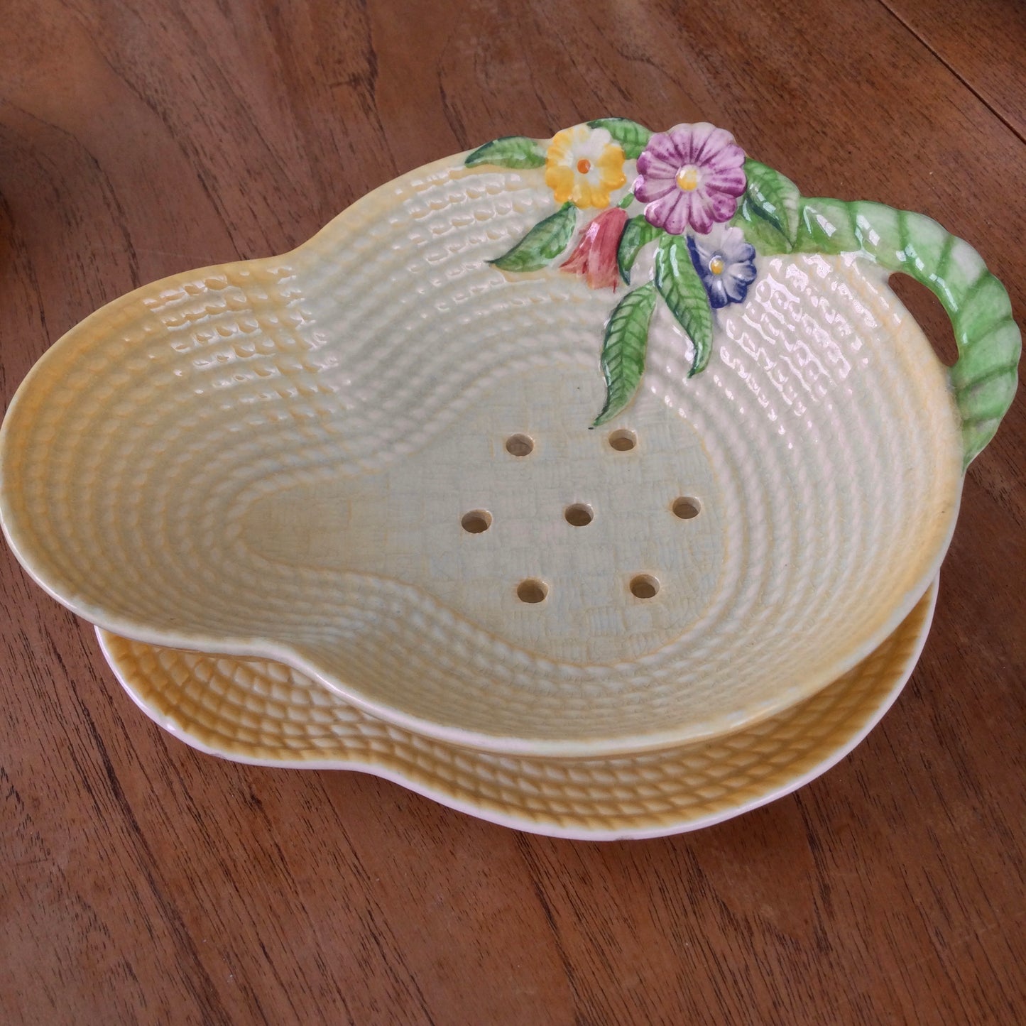 Vintage 1930s Carlton Ware Salad Strainer and Saucer. Yellow basket weave design with Spring flowers