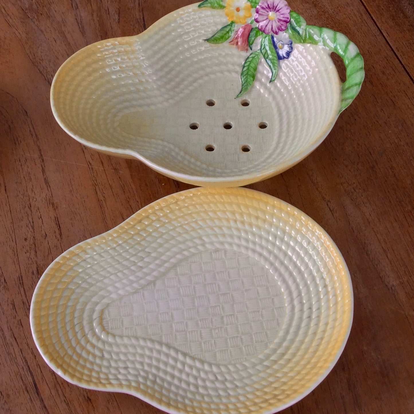 Vintage 1930s Carlton Ware Salad Strainer and Saucer. Yellow basket weave design with Spring flowers