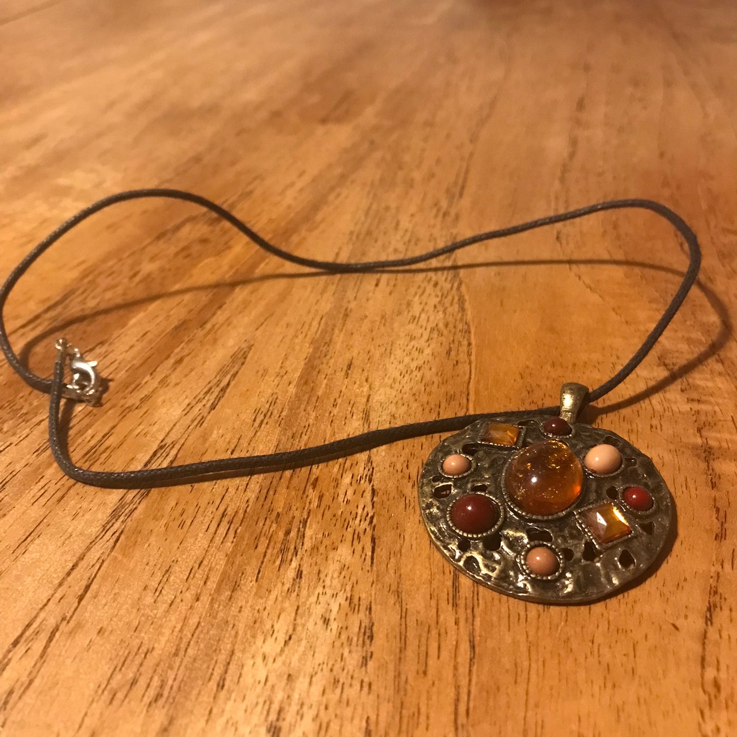 Medallion Style Boho Necklace on Leather Thong | Bronze Tone with Brown & Orange Jewels | 16" | Preloved