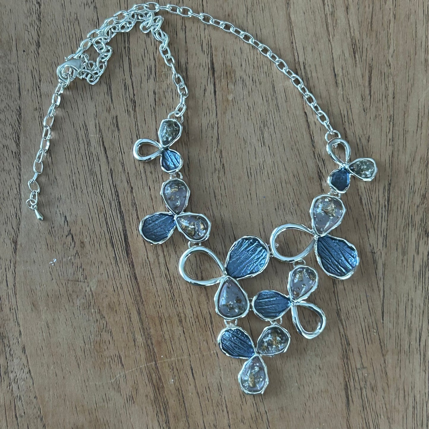 Pretty Muted Blue and Purple Trefoil Collar/Bib Necklace on Silver Coloured Chain - Adjustable Length