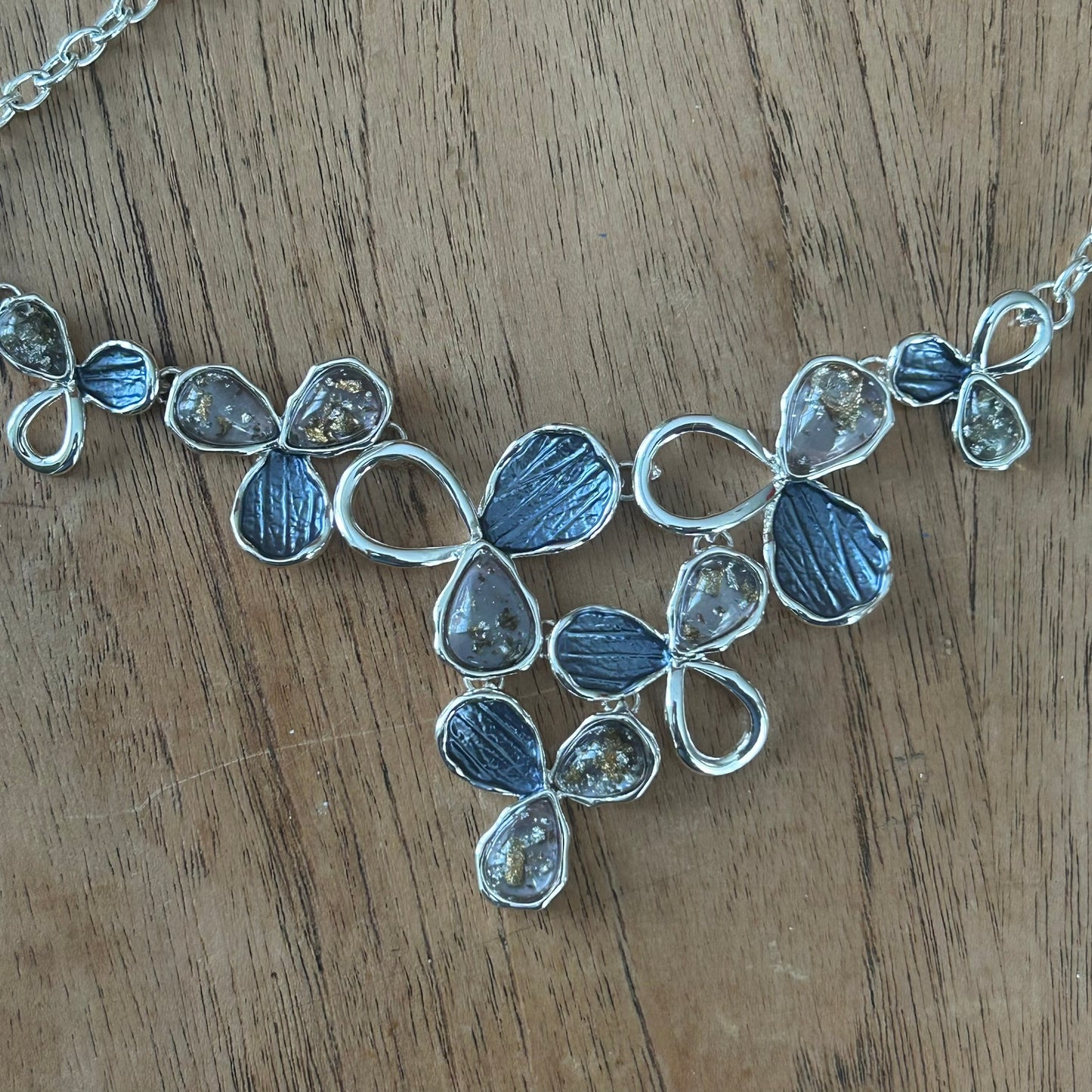 Pretty Muted Blue and Purple Trefoil Collar/Bib Necklace on Silver Coloured Chain - Adjustable Length