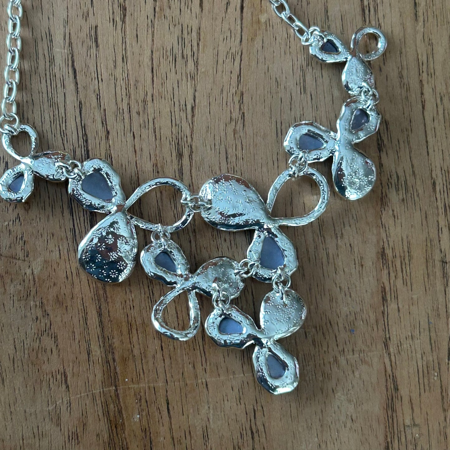 Pretty Muted Blue and Purple Trefoil Collar/Bib Necklace on Silver Coloured Chain - Adjustable Length