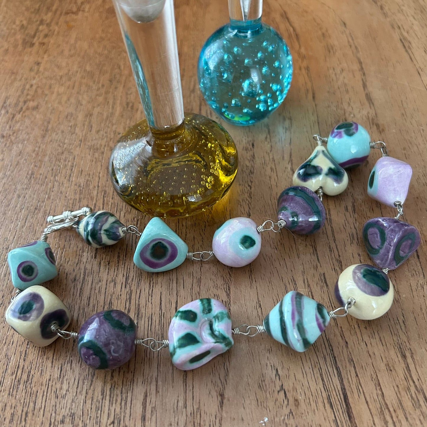 Beautiful Handcrafted Ceramic Bead Artisan Necklace – Muted Purple, Green, Lemon, Aqua – 50 cm with Quality T-Bar Fastening