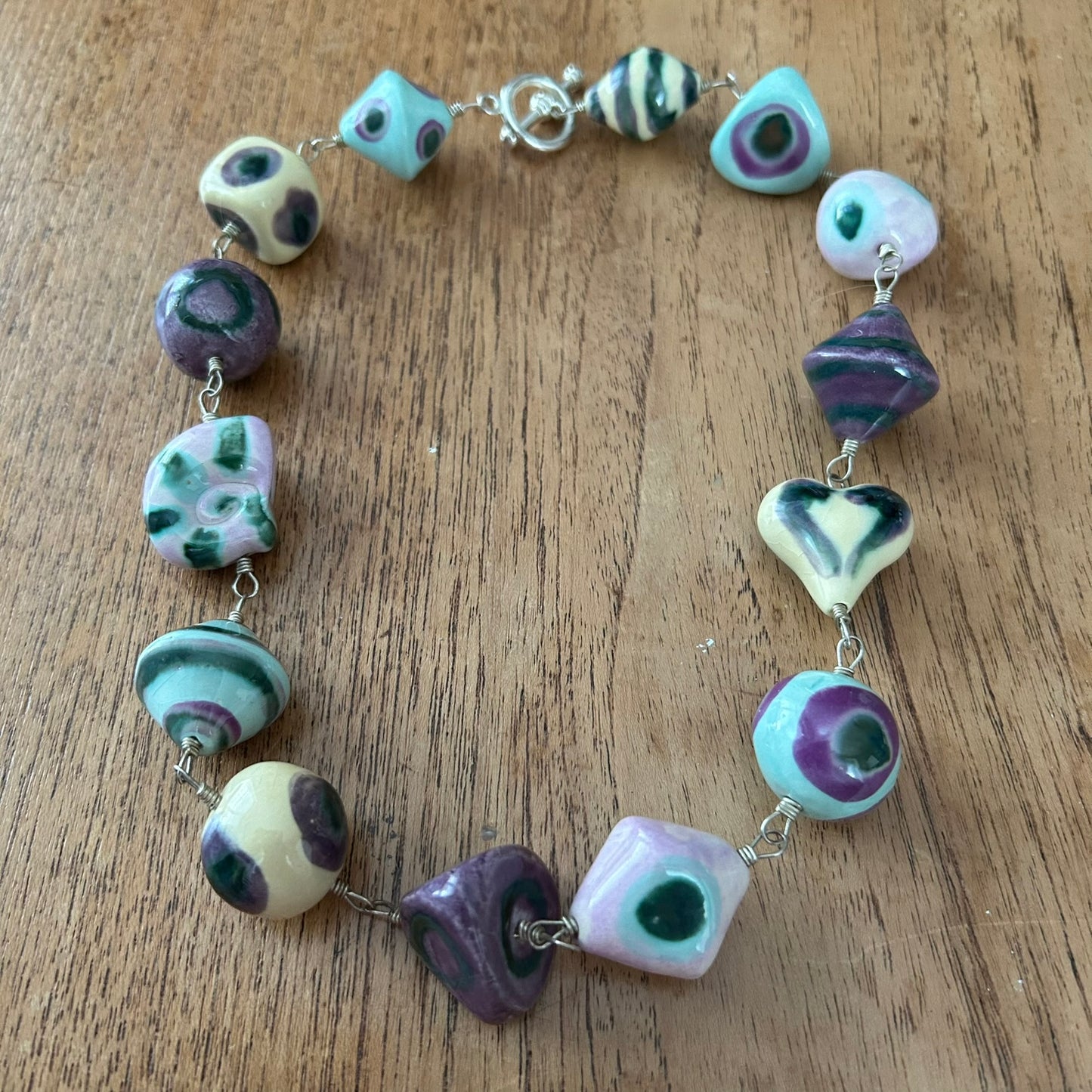 Beautiful Handcrafted Ceramic Bead Artisan Necklace – Muted Purple, Green, Lemon, Aqua – 50 cm with Quality T-Bar Fastening
