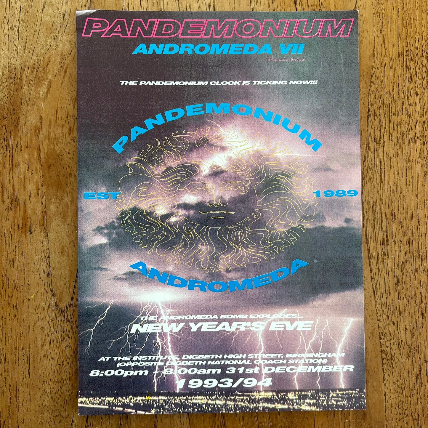 90s Y2K RAVE Memorabilia Flyer PANDEMONIUM ANDROMEDA VII New Years Eve 1993/94 The Institute Digbeth Birmingham