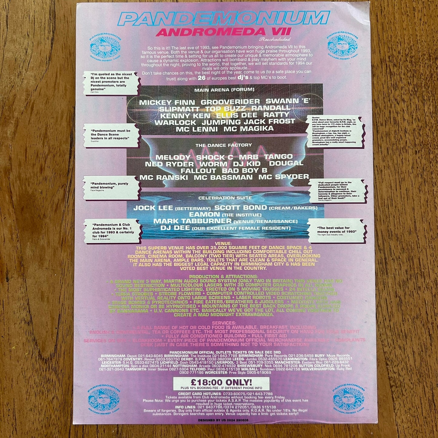 90s Y2K RAVE Memorabilia Flyer PANDEMONIUM ANDROMEDA VII New Years Eve 1993/94 The Institute Digbeth Birmingham