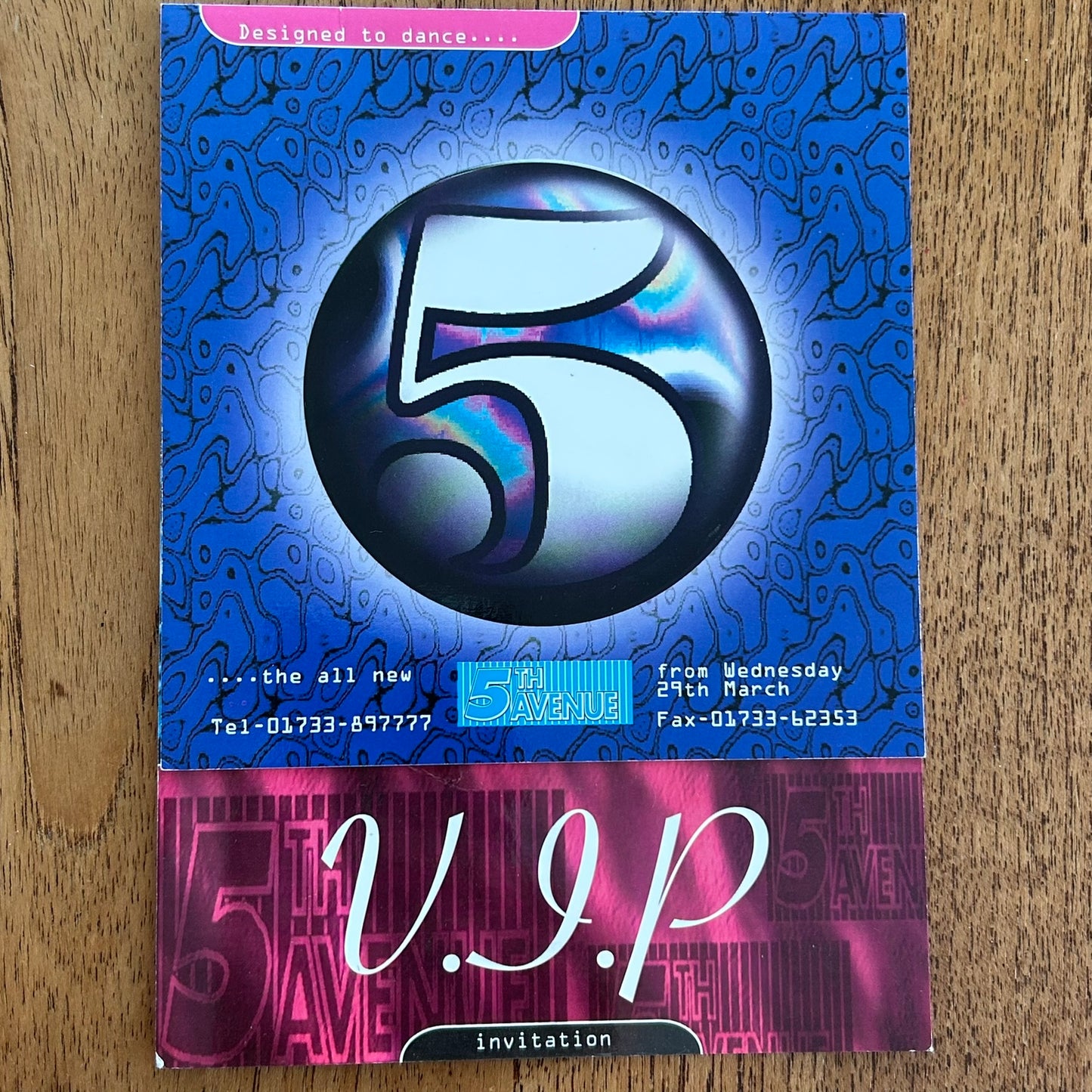 90s Clubbing Memorabilia 5th Avenue Peterborough 1995 VIP Invitation / flyer. Central Park Music Bar