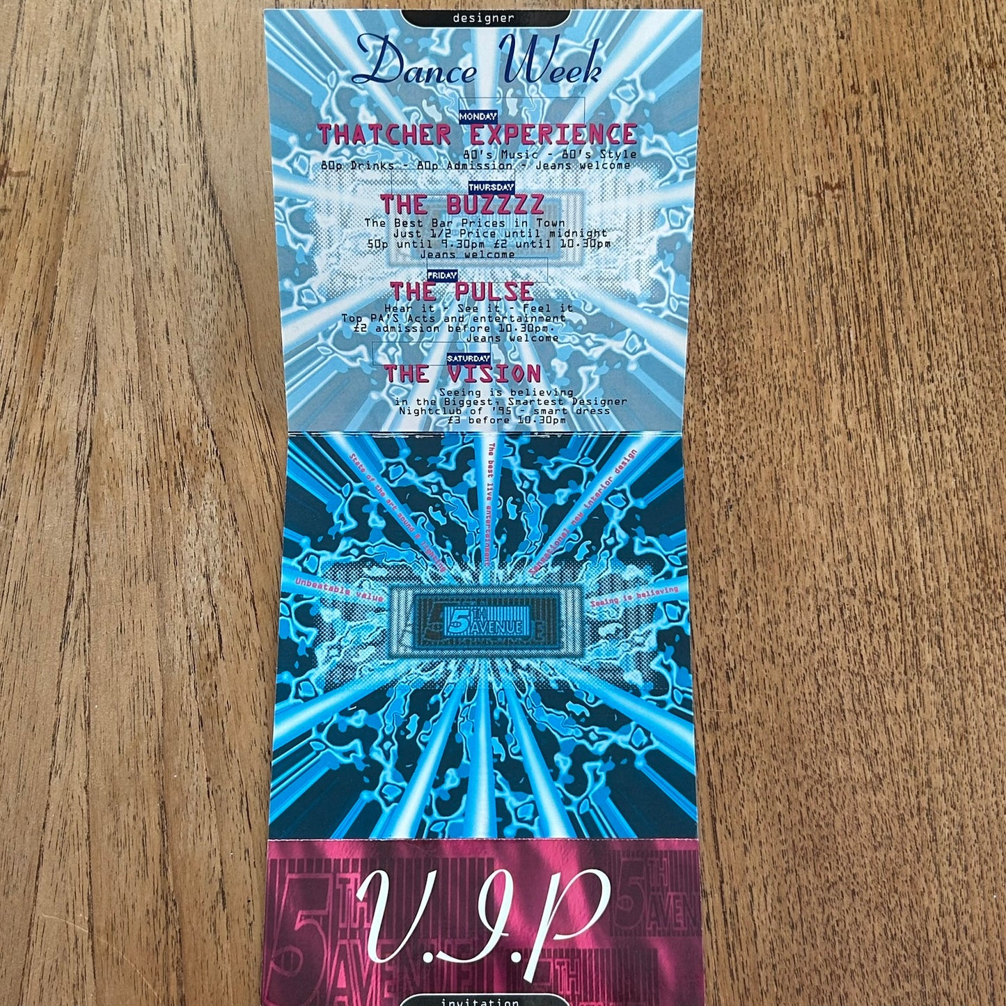 90s Clubbing Memorabilia 5th Avenue Peterborough 1995 VIP Invitation / flyer. Central Park Music Bar