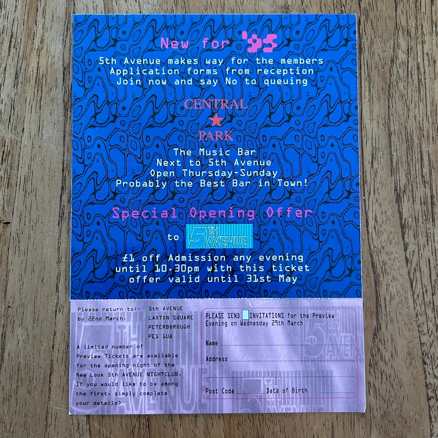 90s Clubbing Memorabilia 5th Avenue Peterborough 1995 VIP Invitation / flyer. Central Park Music Bar