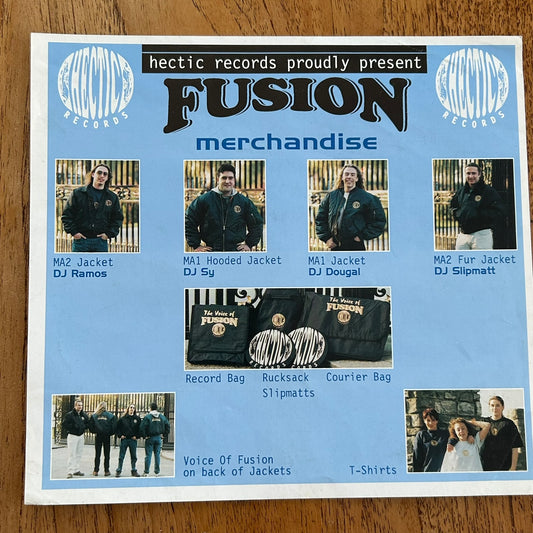 90s Y2K RAVE / Dance Memorabilia. FUSION merch ad / flyer. Early 1990s (pre 1995). DJs wearing merch