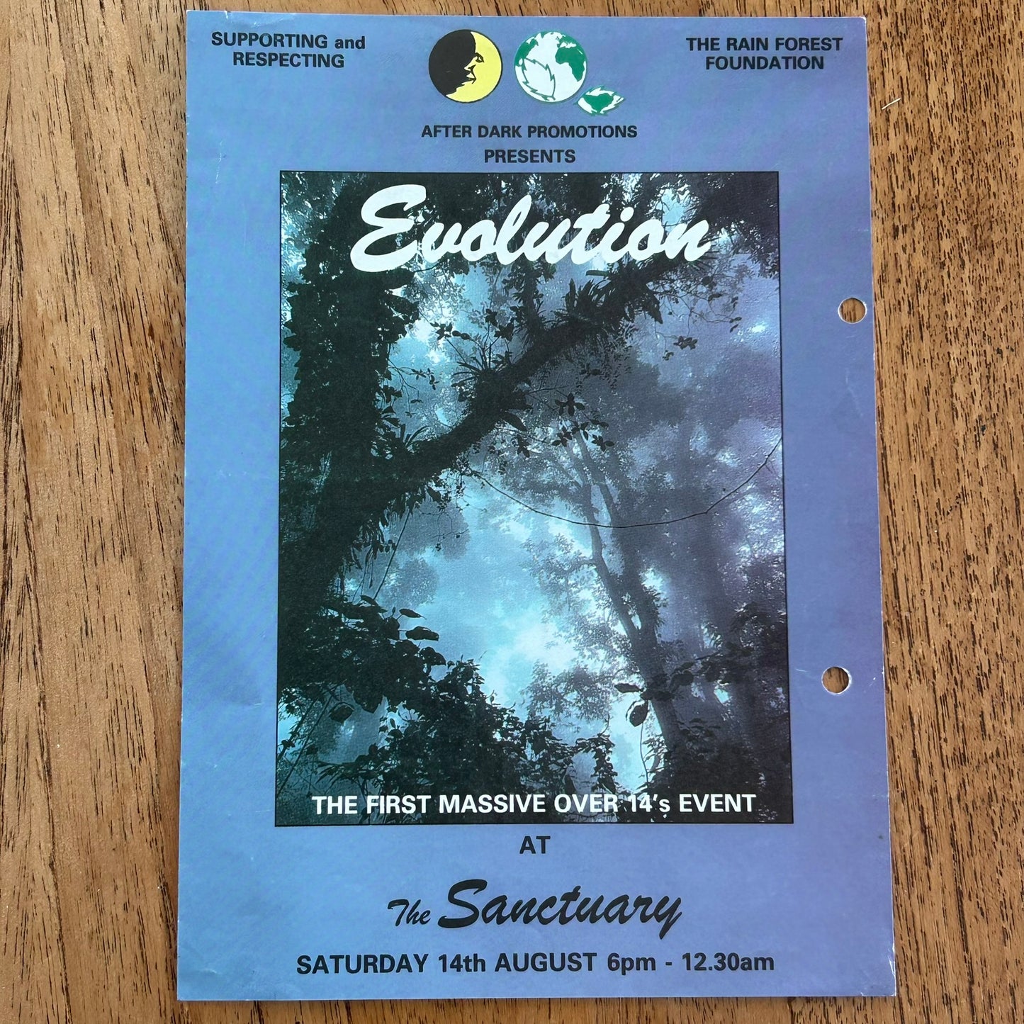 90s RAVE / Dance Memorabilia Flyer. Evolution at The Sanctuary, Milton Keynes. Rain Forest Foundation