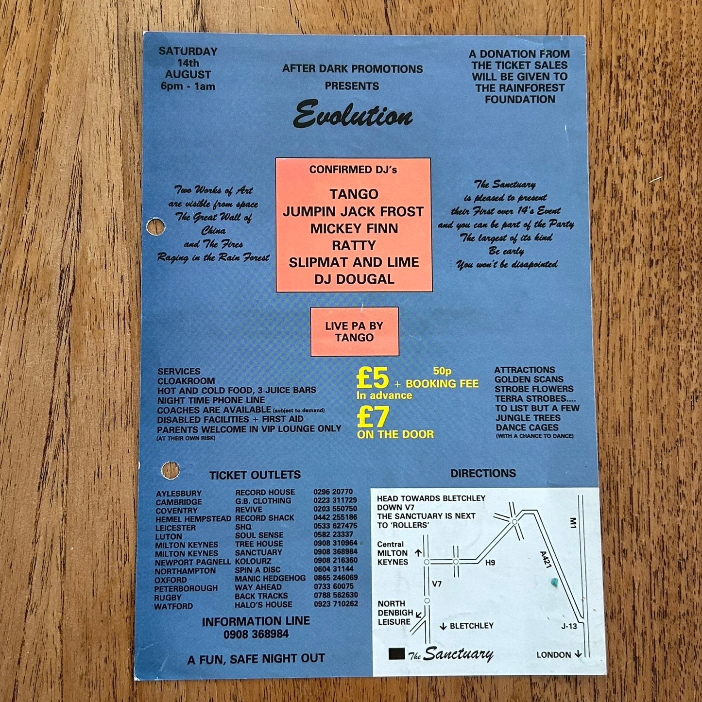 90s RAVE / Dance Memorabilia Flyer. Evolution at The Sanctuary, Milton Keynes. Rain Forest Foundation