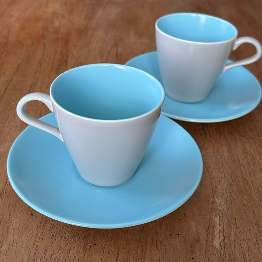 Set of 2 mid century retro demitasse cups and saucers. Sky blue and Dove Grey. Poole Twintone.