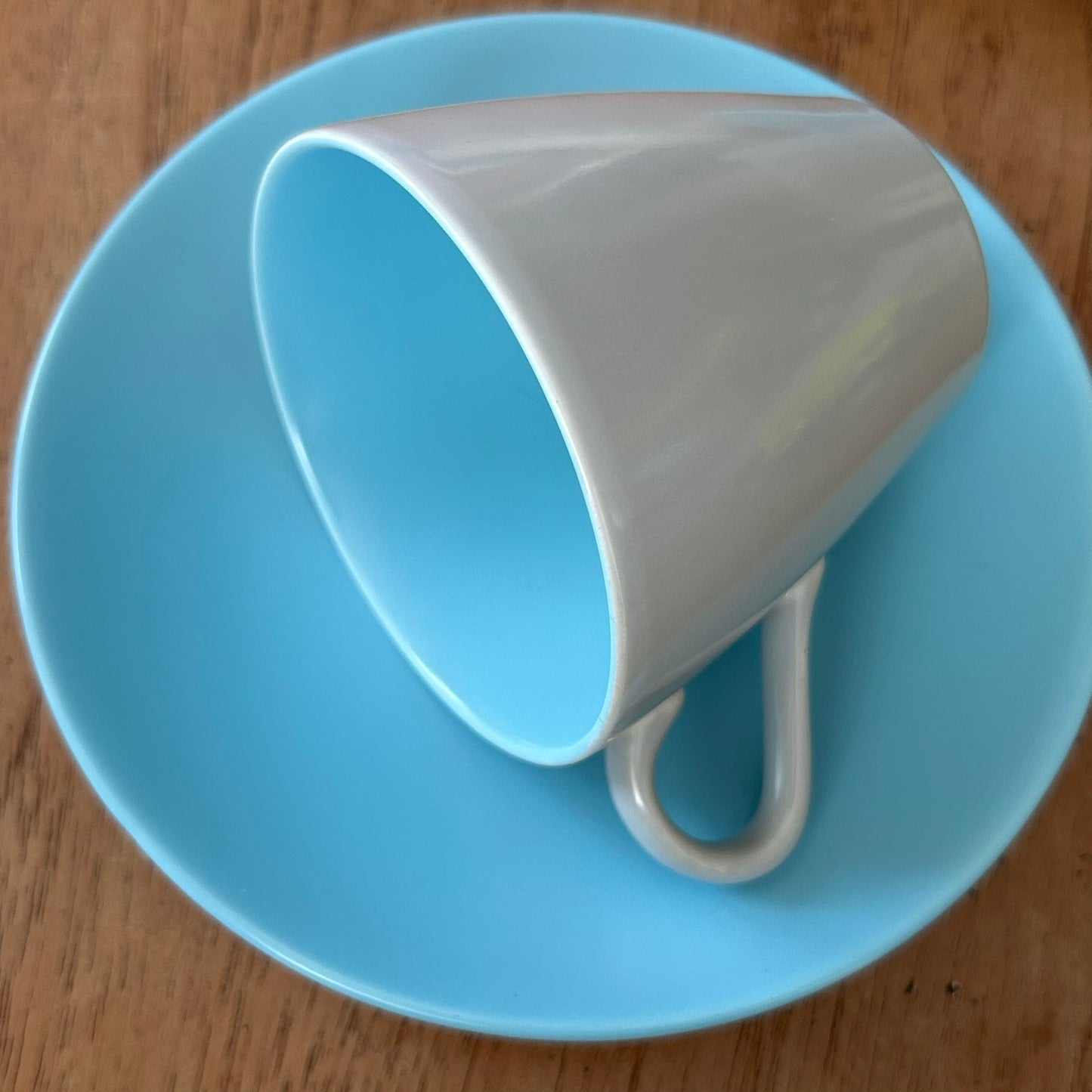 Set of 2 mid century retro demitasse cups and saucers. Sky blue and Dove Grey. Poole Twintone.