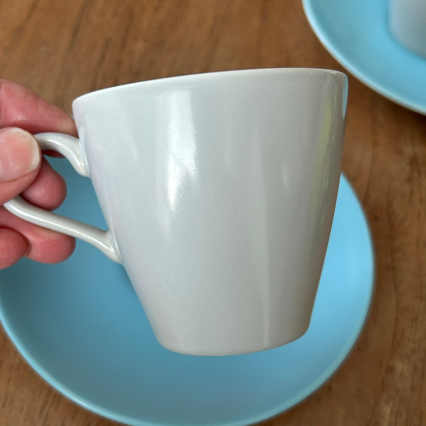 Set of 2 mid century retro demitasse cups and saucers. Sky blue and Dove Grey. Poole Twintone.