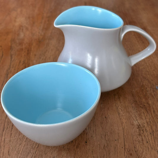 Poole Pottery Twintone Sky Blue and Dove Grey Milk Jug and Sugar Bowl. 1950s retro style.