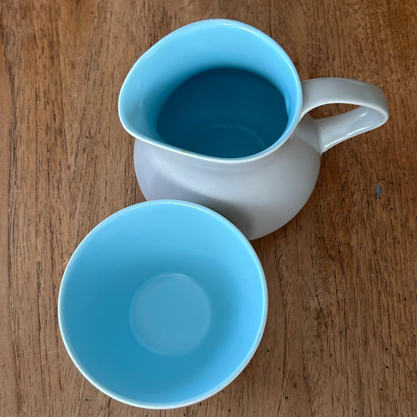 Poole Pottery Twintone Sky Blue and Dove Grey Milk Jug and Sugar Bowl. 1950s retro style.