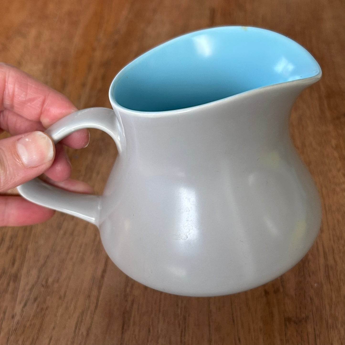 Poole Pottery Twintone Sky Blue and Dove Grey Milk Jug and Sugar Bowl. 1950s retro style.