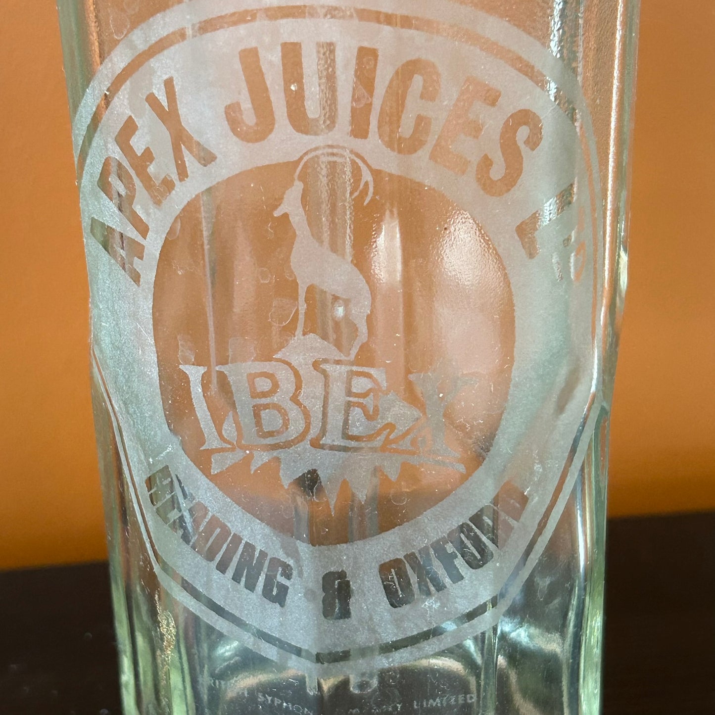 Vintage Retro Etched Glass Ibex Apex Juices Reading & Oxford Soda Syphon. Mid Century 40s-60s