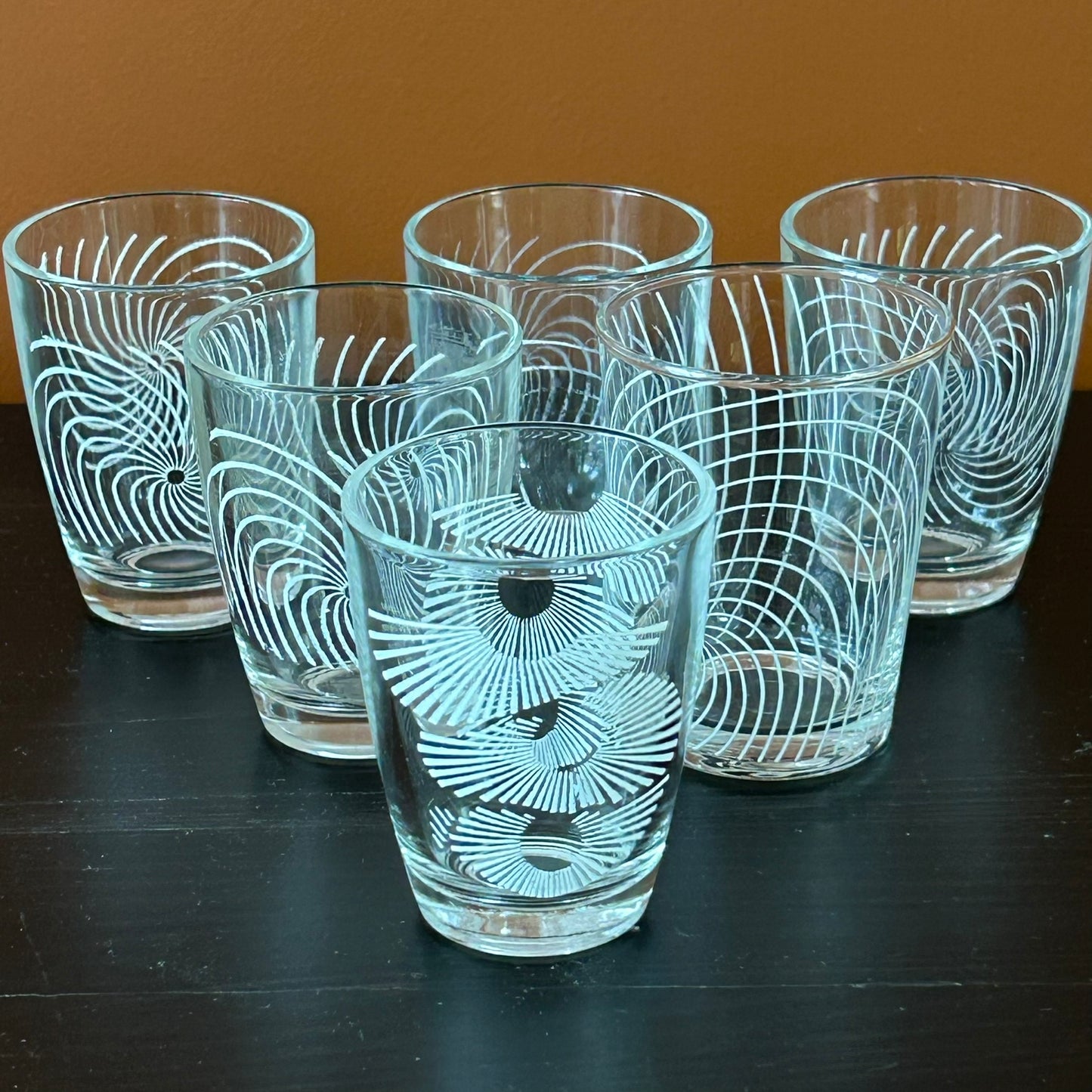 Set of 6 Vintage Shot Glasses – Clear Glass with White Swirl Design