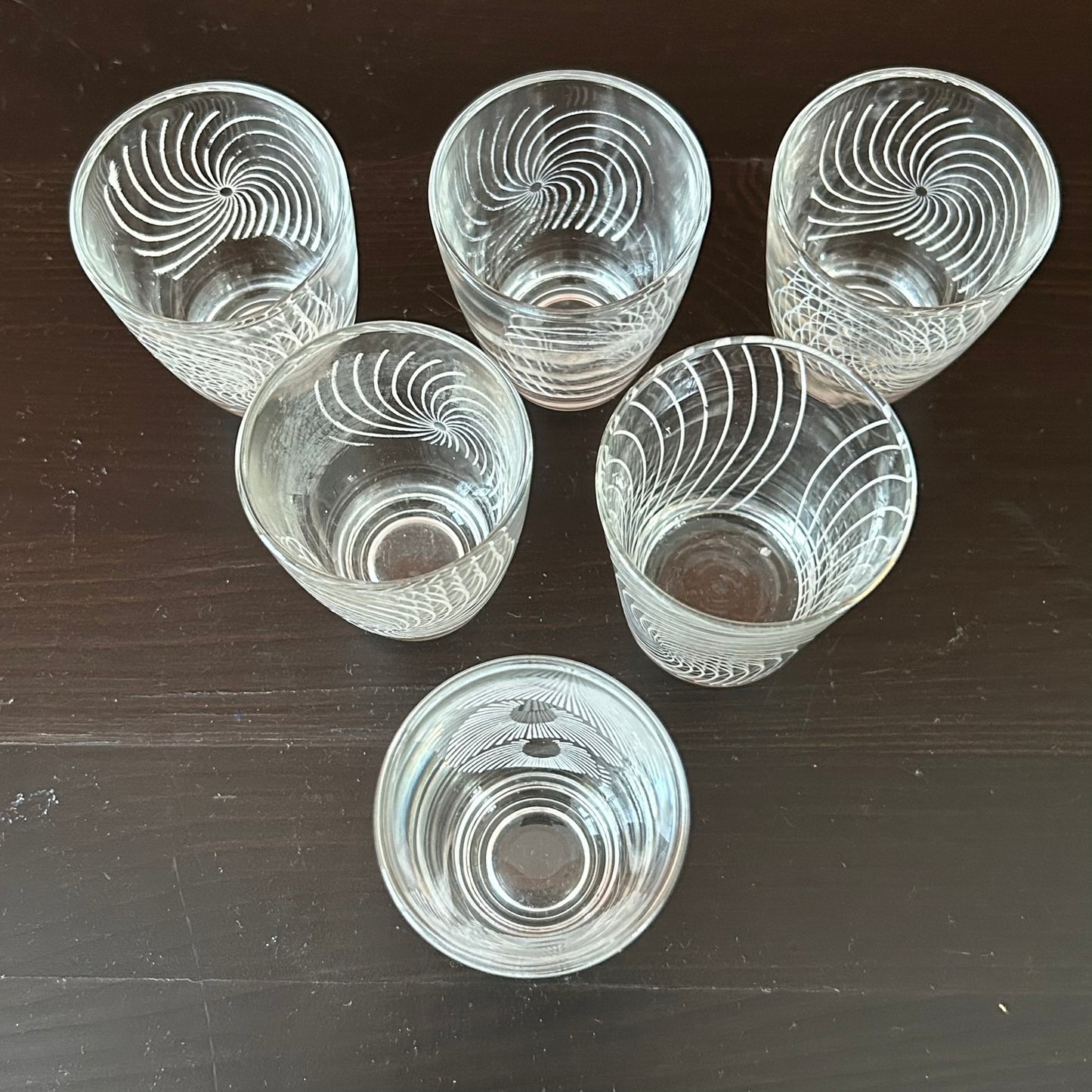 Set of 6 Vintage Shot Glasses – Clear Glass with White Swirl Design