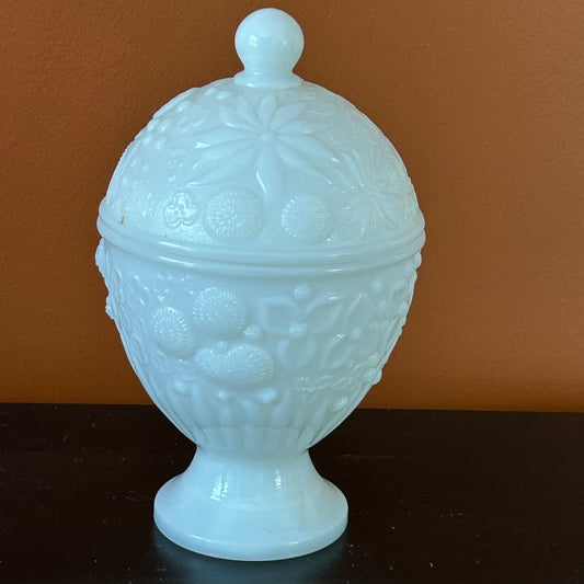 Vintage AVON White Milk Glass Lidded Compote / Lidded Pot/ Sweet Dish / Bon Bon Dish. VGC. Moulded USA floral.