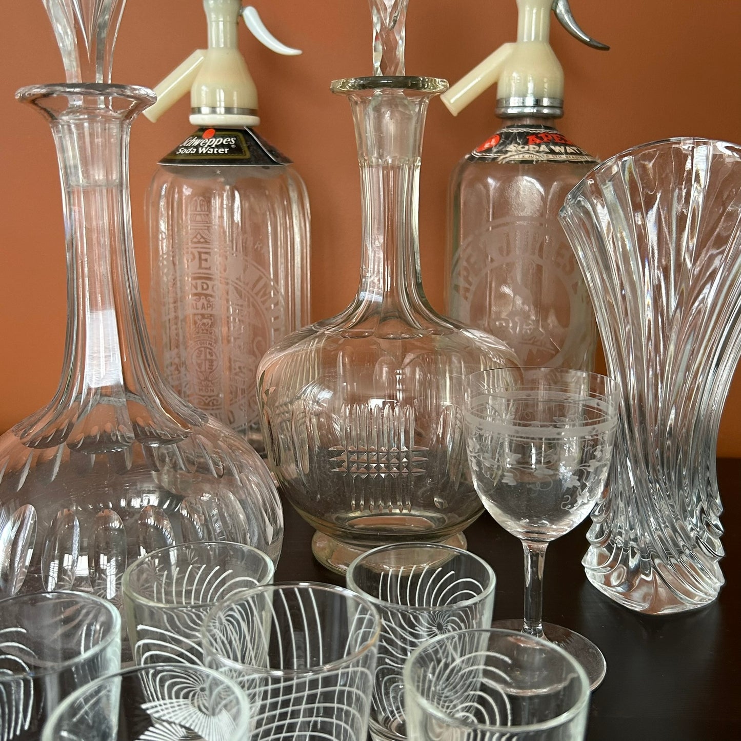 Set of 6 Vintage Shot Glasses – Clear Glass with White Swirl Design