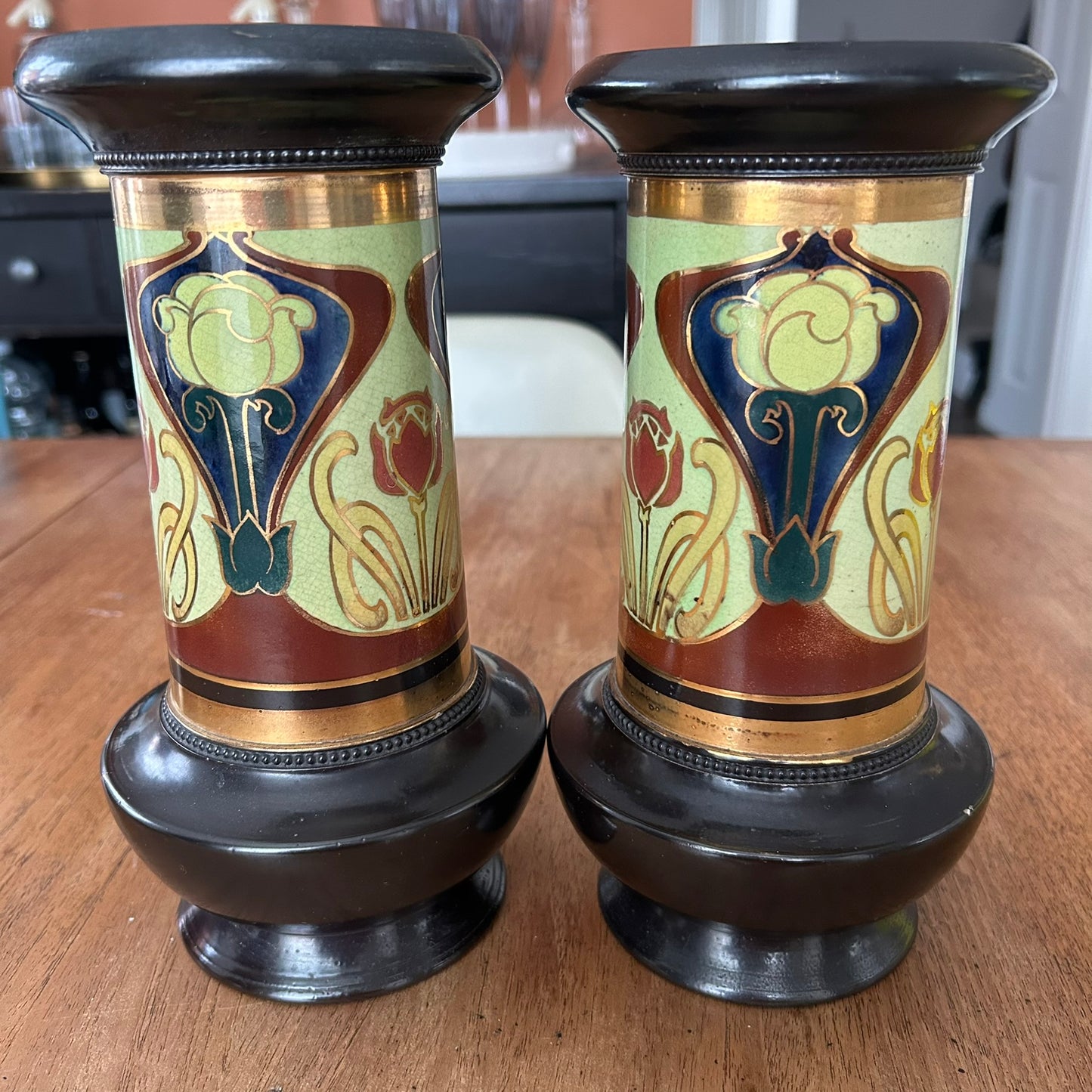 Pair of Stunning Bretby Art Pottery Vases – Late 19th Century, Art Nouveau design. Black, green, gold.