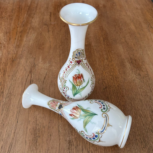 Pair of Vintage Hand-Painted Tulip Design Vases – White Translucent Glass - Hippy / Boho feel.