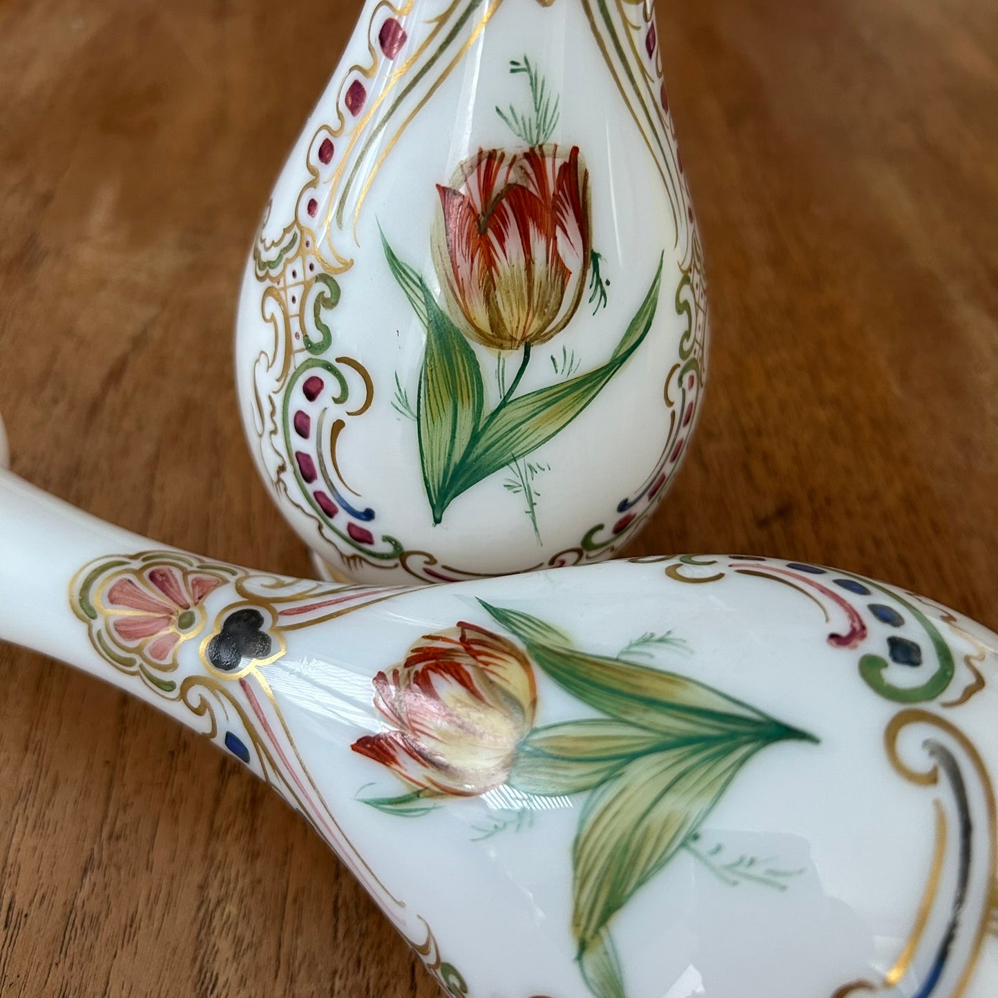 Pair of Vintage Hand-Painted Tulip Design Vases – White Translucent Glass - Hippy / Boho feel.