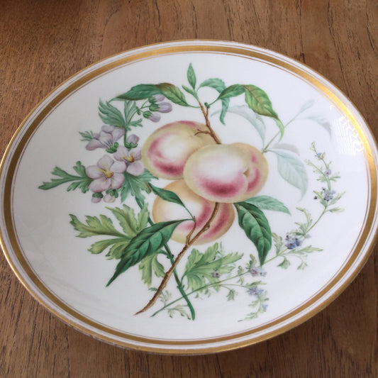Dresden Shallow Bowl – Hand Painted Peach Fruit and Blossom Design – Gold Rim – Decorative Piece