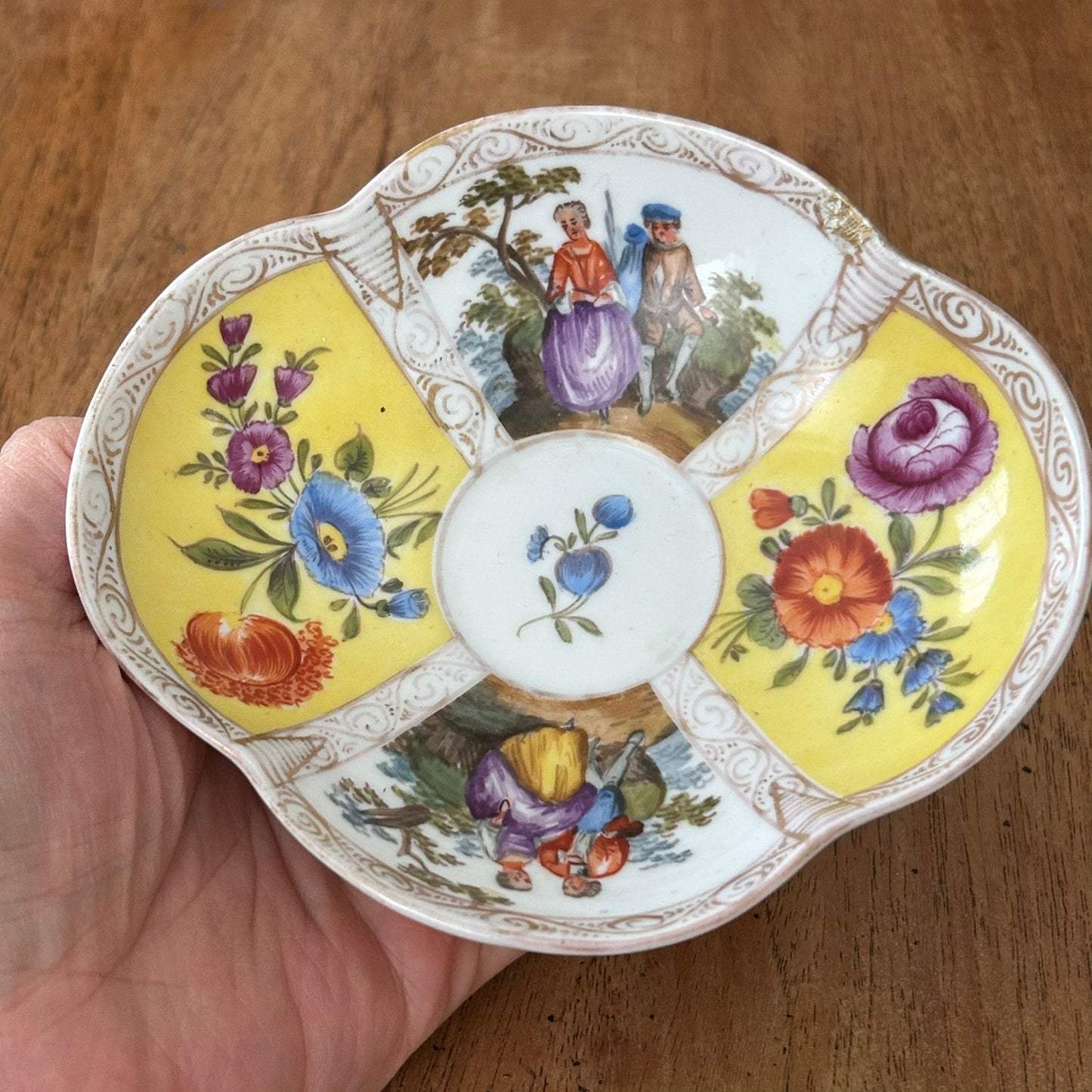 Antique Dresden Quatrefoil Trinket Dish – Late 19th Century German Porcelain. Courting Couples.