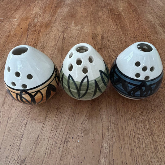 Set of 3 JERSEY POTTERY Vintage Bud Vases / Posy vases. Egg shaped. Green, Tan and Navy.