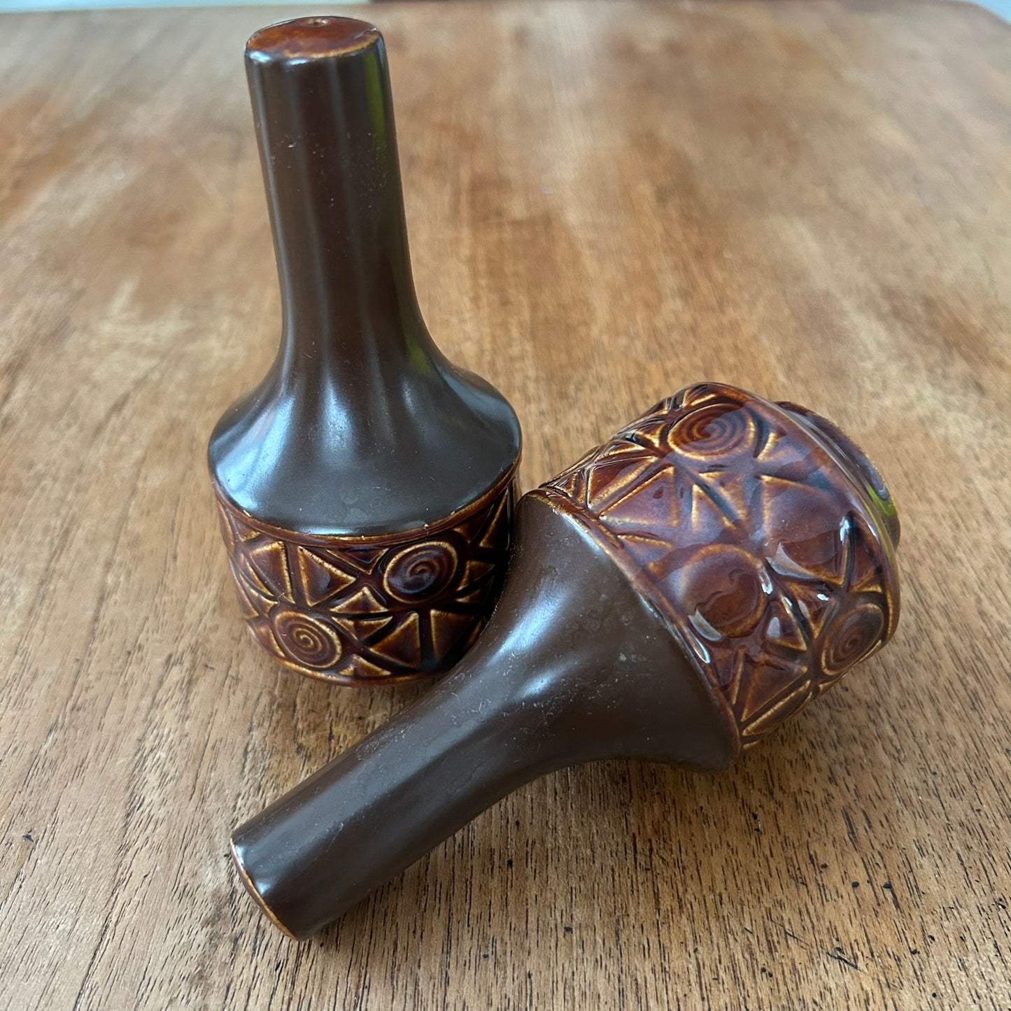 Vintage Retro 70s Brown Salt And Pepper Pots. Beswick ZORBA. Autumnal. Geometric Design.