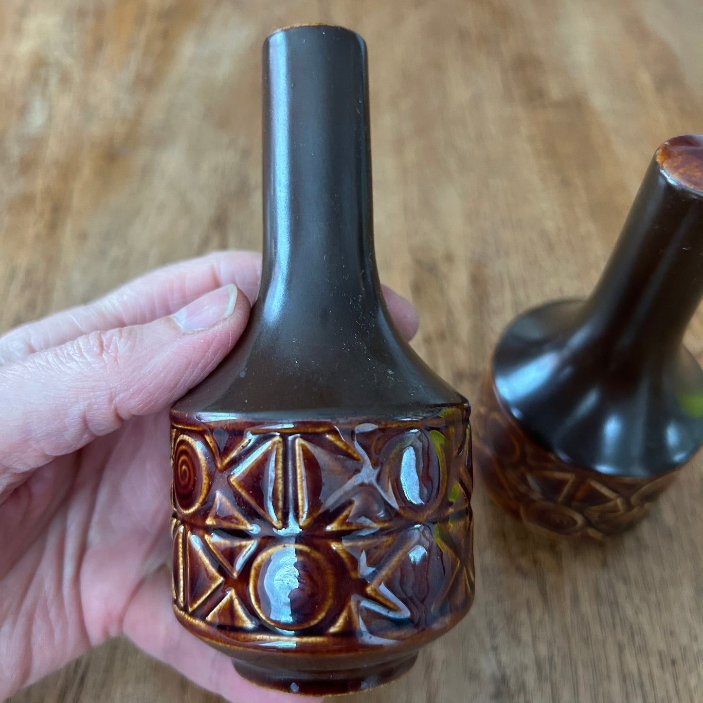 Vintage Retro 70s Brown Salt And Pepper Pots. Beswick ZORBA. Autumnal. Geometric Design.