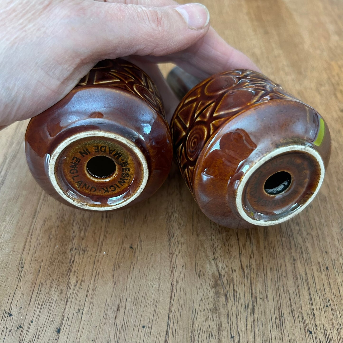 Vintage Retro 70s Brown Salt And Pepper Pots. Beswick ZORBA. Autumnal. Geometric Design.