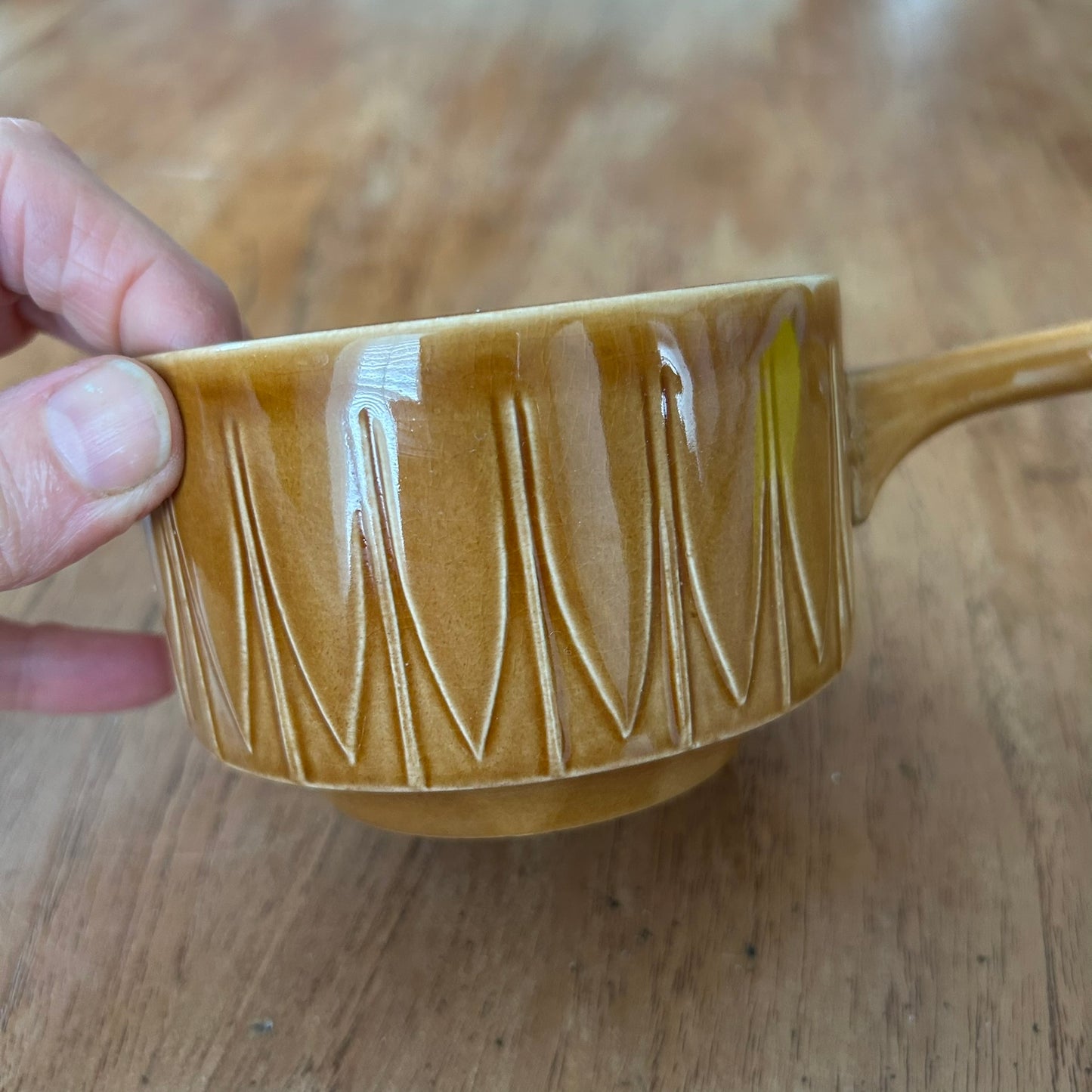 Vintage retro 1960s / 1970s TAMS style handled soup bowl / cup. Tan / deep mustard colour